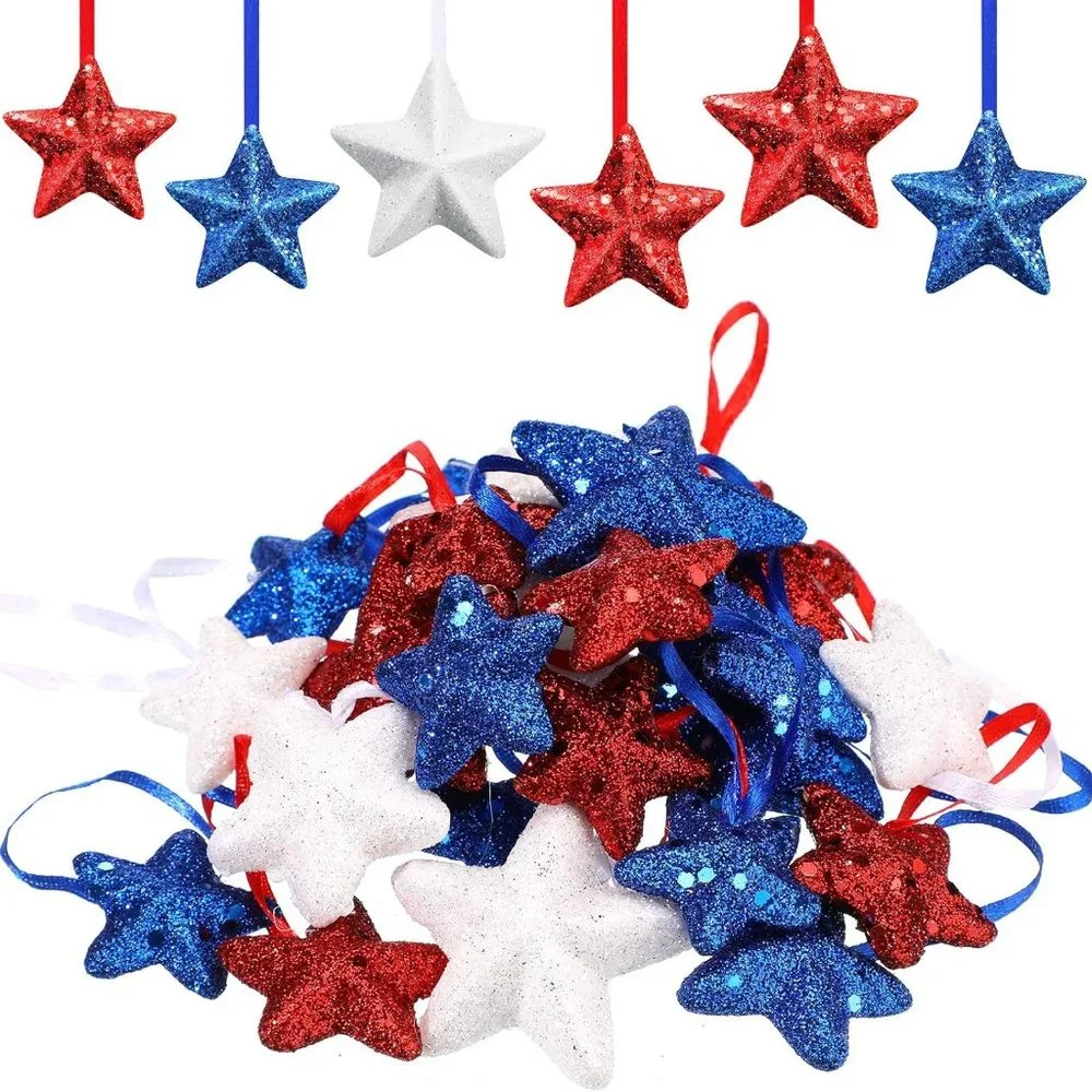36 Pcs 4th of July Star Hanging Ornaments Patriotic Hanging Ornaments White Red